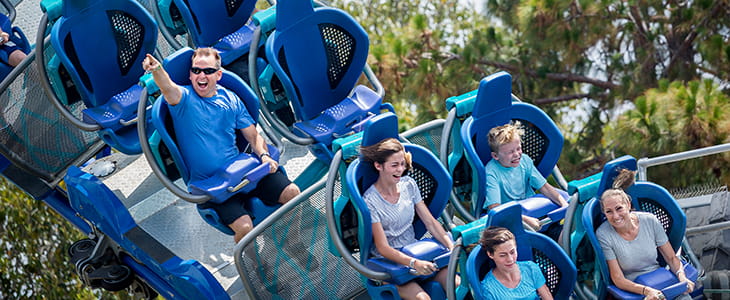 Park goers ride a roller coaster