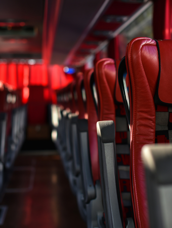 the red interior of an Orlando charter bus 